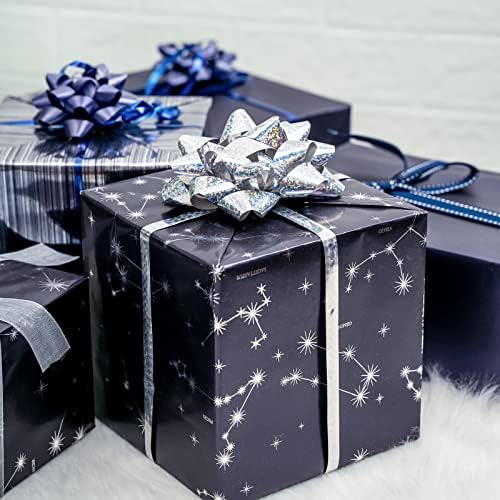 WRAPAHOLIC 30 Inch Navy Blue Wrapping Paper - Jumbo Roll Navy and Silver Constellation Wrapping Paper for Men, Birthday, Holiday, Father's Day, Baby Shower - 3 Rolls - 30 Inch x 120 Inch Per Roll