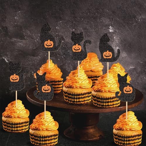 24Pcs Halloween Cat Cupcake Toppers Pumpkin Kitty Cupcake Picks