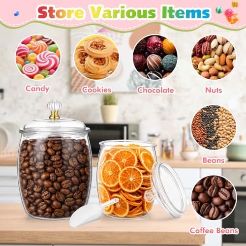 Mwellewm 4Pc Candy Jars with Lids 1 Gallon/64 OZ Clear Plastic Cookie Container with Scoops Large Airtight Apothecary Storage Organization Snack Buffet Canister for Wedding Home Kitchen Bar Decoration