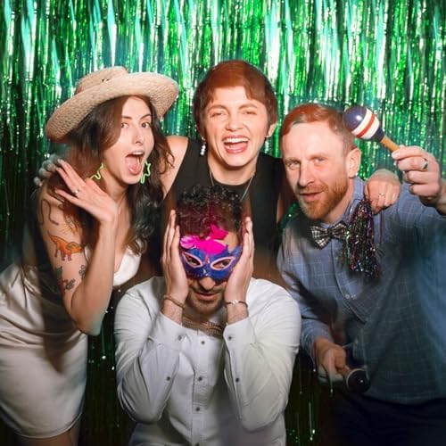 2 Pack Foil Curtain Backdrop Green Metallic Tinsel Foil Fringe Curtains Photo Booth Props for Birthday Wedding Engagement Baby Shower Bachelorette Christmas Holiday Celebration Party Decorations