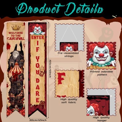 Hahafelt 6 Pcs Halloween Party Decorations Banners 61 Inch Carnival Clown Bulletin Board Banner Evil Circus Gothic Porch Door Hanging Decor for Wall Classroom Office Halloween Circus Party Supplies