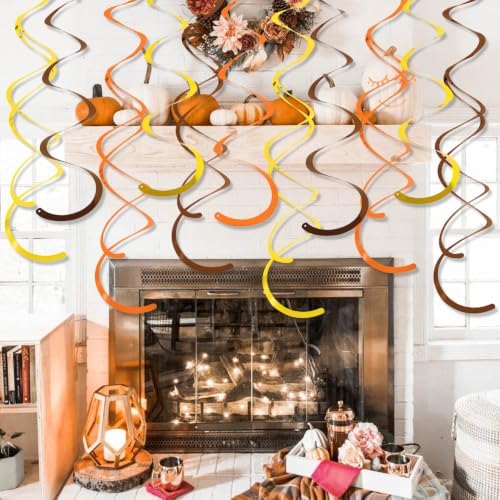24 PCS Gold Brown Orange Hanging Swirl,Sparkle Ceiling Hanging Decorations,Plastic Streamer Party Decorations with Double-Swirls and Single-Swirls for Fall Birthday, Harvest, Thanksgiving Day,Wedding