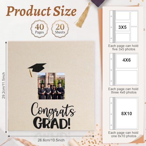 Fumete Beige Class of 2026 Graduation Album Self Adhesive Photo Scrapbook 40 Pages 11.5 x 10.5 Inch Linen Memory Book with Cover Display Window DIY Album for School College Graduate Party Gift