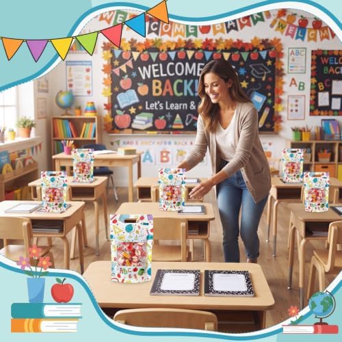Engrowtic 50 Pcs Back to School Treat Bags Plastic Resealable Gift Bags with Handles First Day of School Goodie Pouches for Students Teacher Classroom Preschool Kindergarten Party Favors Wrapping