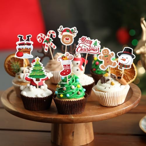 NEBURORA 64 Pieces Christmas Cupcake Toppers Santa Snowmen Cake Picks Merry Christmas Toothpick Flags for Party Decorations Supplies