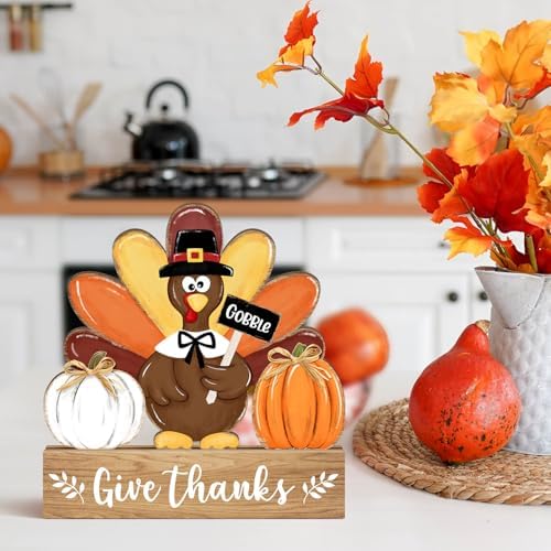 Thanksgiving Turkey Wooden Table Sign Decorations, Give Thanks Turkey Pumpkin with Raffia Bow Rustic, Autumn Harvest Fall Tiered Tray Centerpieces Tabletop Farmhouse Home Decor Gobble