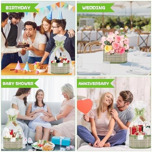 SelfTek 3 Pack Baskets for Gifts Empty, Woven Bamboo G-ift Basket Kit with Wrap Bags, Gift Card, Raffia and Pull Bows, Gifts Baskets for Birthday, Wedding, 30 x 20 x 15 cm - Green