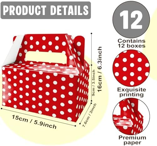 BGFMVS 12 Pack Red Polka Dot Party Favor Boxes, Gable Treat Boxes