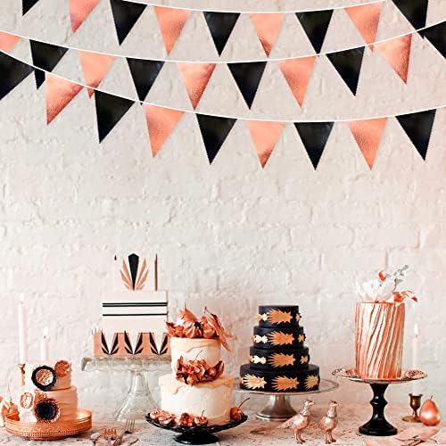Black Rose Gold Party Decorations Triangle Pennant Banner Flag Rose Gold Black Metallic Fabric Bunting Garland for Graduation Birthday Wedding Engagement Bachelorette Celebration Hen Party Supplies
