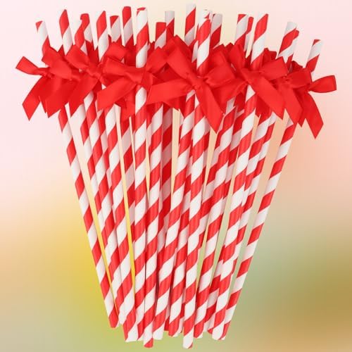 24 Packs Red Bow Biodegradable Striped Paper Straws, Red and White Disposable Drinking Straws for Birthday Carnival Summer Pool Party Wedding Baby Shower Halloween Christmas Party Decoration Supplie