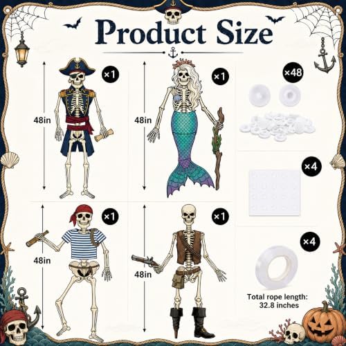 4Pcs 48" Halloween Paper Jointed Skeletons, Posable Skeleton Cutouts
