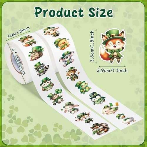 H1vojoxo St. Patrick's Day Sticker Rolls - 1000PCS Shamrock Irish Cute Cartoon Stickers for Kids 16 Design St. Patrick's Cute Animal Sticker for Craft St. Patrick Cartoon Animal Stickers for Envelope