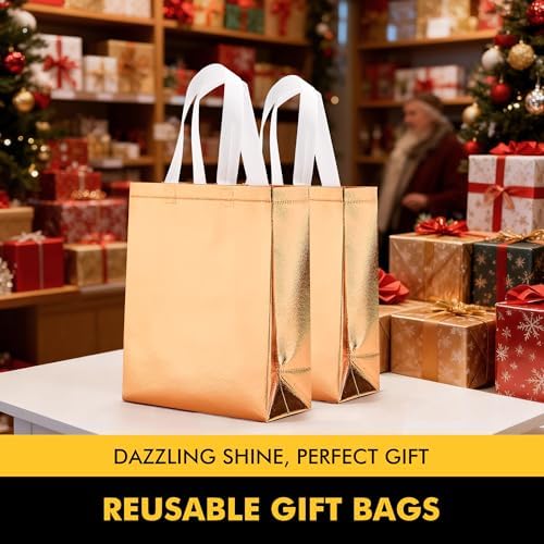 RACETOP 15 Pcs Rose Gold Reusable Gift Bags Bulk, 8x4x10 Inch Elegant Non-woven Sparkle Gift Bags for Birthday, Wedding, Party Favors, Fashion Accessories Packaging