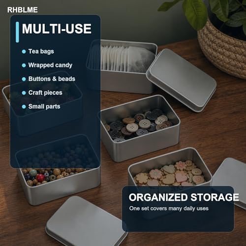 RHBLME 12 Pack Rectangular Tin Boxes with Lids, 4.9 x 3.6 x 1.8 Inch Empty Metal Tin Containers, Silver Storage Tins for Cookies, Candy, Treats, Gifts, Party Favors, Crafts and Small Items