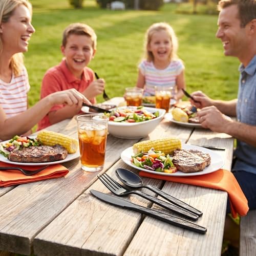 360Pcs Black Plastic Silverware Set, Disposable Forks Spoons Knives