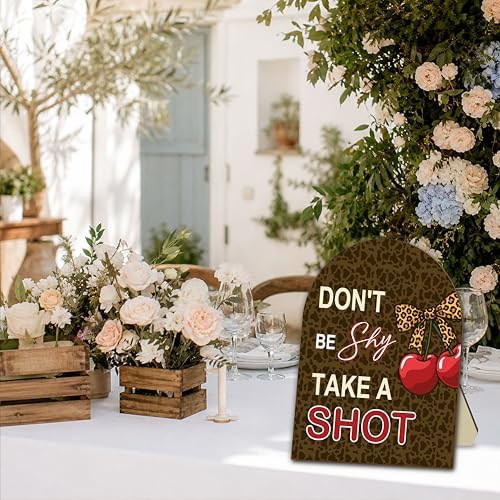 Cherry Take a Shot Wooden Sign, Cheetah Party Table Sign with Stand, 8x10