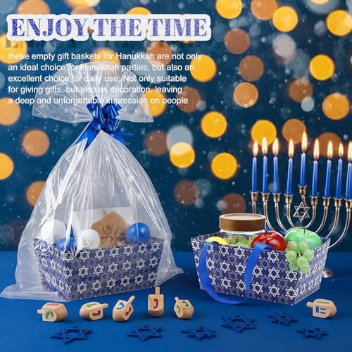 Moinchore 12 Pcs Rosh Hashana Basket for Gifts Blue Empty 9.8x6.5'' Star of David Market Tray Cardboard Basket with Bows, Cellophane Bags, Empty to Fill for Holiday Hanukkah Birthday Wedding Party