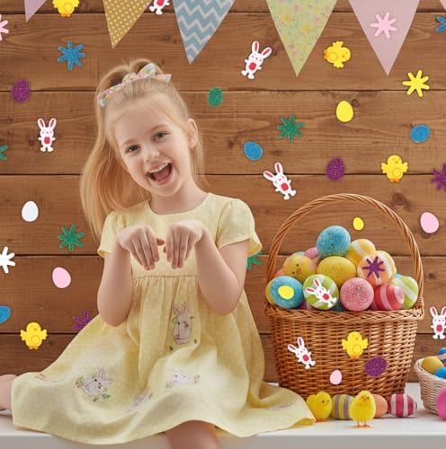 Easter Foam Stickers, 300PCS Easter Stickers for Kids Crafts, Self-Adhesive Spring Sticker Glitter Easter Egg Bunny Chick Flower Decorative Foam Sticker for Easter Decorations Arts Crafts DIY Supplies