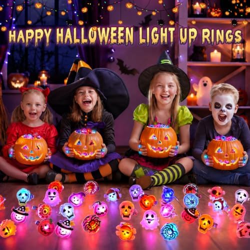 Tiaxidex 55PCS Halloween Treats Light Up LED Rings, Non Candy Halloween Trick or Treats 3D Flashing Rings Toys Glow In the Dark Party Favor Ring Toy Gifts For Kids Adults Goodie Bag Stuffers