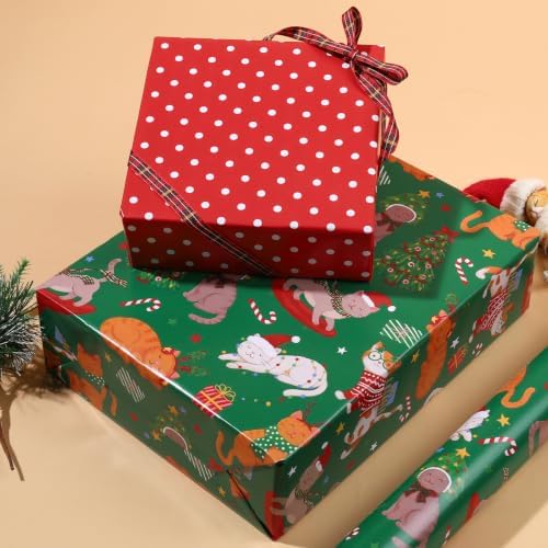 LaRibbons Reversible Cat Christmas Wrapping Paper Roll Pet 17 In x 33 Ft