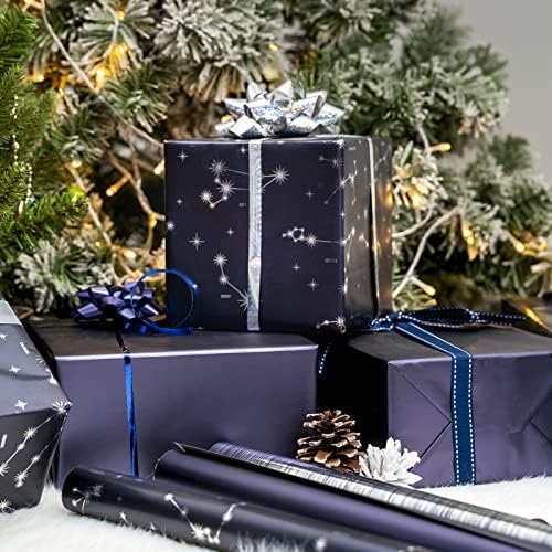 WRAPAHOLIC 30 Inch Navy Blue Wrapping Paper - Jumbo Roll Navy and Silver Constellation Wrapping Paper for Men, Birthday, Holiday, Father's Day, Baby Shower - 3 Rolls - 30 Inch x 120 Inch Per Roll