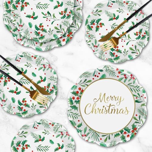 24 Pcs Merry Christmas Paper Plates Set - Disposable Round Christmas Plates, Holly Leaf Red Berry Dinner Dessert Plate Paper Dinnerware Kit for Winter Xmas Party Table Decorations Supplies Favors