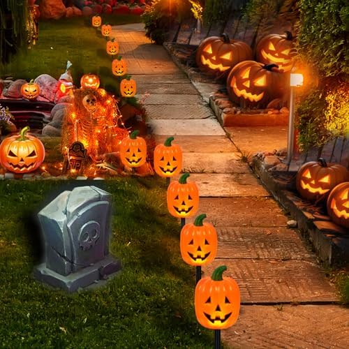 BRIGHTDECK Halloween Solar Pathway Lights Outdoor, LED Decor, Light Up Solar Stake Lights for Holiday, Halloween, Walkway, Sidewalk (Long Pumpkin, 20-Pack)