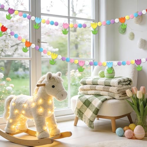 Jansun 8.2 FT 3D Spring Colorful Tulip Floral Felt Pre-Strung Garland