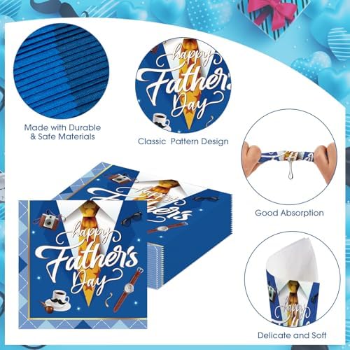 40 Pcs Happy Fathers Day Napkins - 6.5 Inch Blue Father Days Paper Napkins, 3-Ply Disposable Dad Day Cocktail Napkin Hand Towel Set for Happy Father's Day Party Supplies Table Decorations Favors