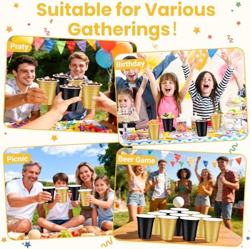 100 Pcs Gold and Black Plastic Cups, 12 oz Disposable Cups