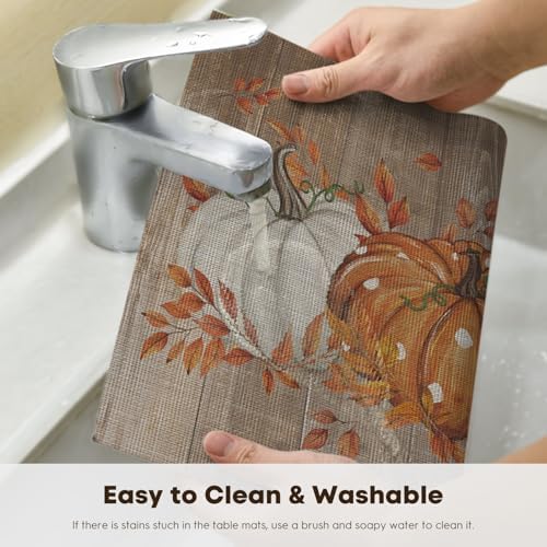 Artoid Mode Wood Pumpkin Leaves Fall Vinyl Placemats Set of 6, Wipeable Woven PVC Table Mats for Thanksgiving Farmhouse Party Kitchen Dining Decor