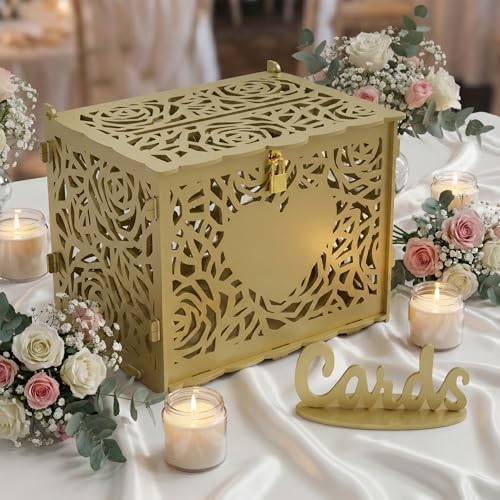 Jolik Love Wedding Card Box with Sign, Large Rustic Locking Money Box Holder for Wedding Reception, Gift Card & Envelope Storage, DIY Anniversary & Birthday Party Decoration (Gold)