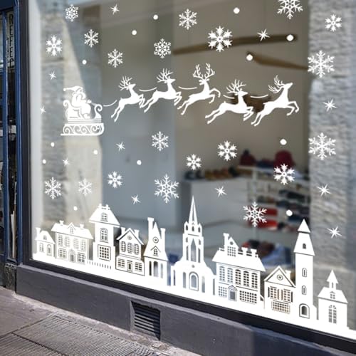 Christmas Window Clings White Silhouette Christmas Window Stickers, Reusable Static Santa Sleigh Reindeer Holiday Decals, Winter Wonderland Village Street Scene for Glass Windows Home Decor