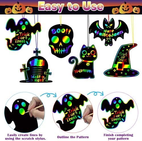 OHOME Halloween Party Favors - 48 PCS Magic Rainbow Scratch Paper Cards Set for Kids - Kids Halloween Games Crafts Treats Toys Gifts - Trick-or-Treat Activities Party Decorations Supplies