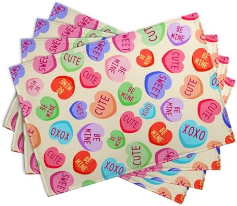 Valentine Pink Love Heart Candy Placemats Set of 4 Valentines Seasonal Table Mats Resistant Washable Dinner Mats for Outdoor Home Party Kitchen Dining 12x18 Inch