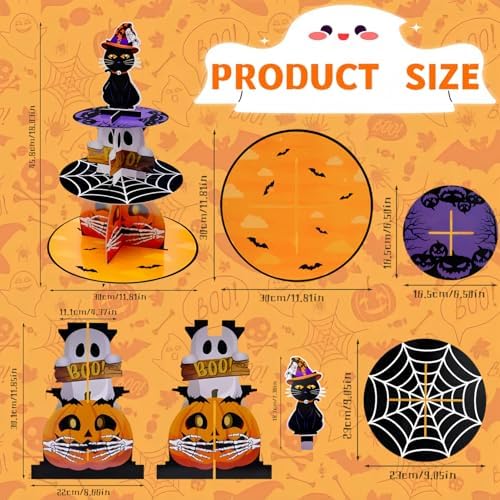 Halloween Cupcake Stand - 3 Tier Cupcake Tower Hhalloween Black Cat Pumpkin Ghost Decorations Dessert Holder for Table Display Party Decor