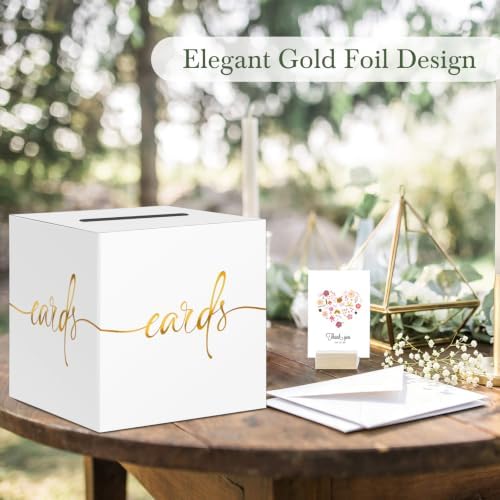 White Wedding Card Box with Gold Foil Design, Paperboard 8.7" Gift Card Holder for Graduation Birthday Party Reception Retirement Anniversary Bridal & Baby Shower