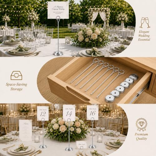 Radezon 12 Pack Silver Table Number Holders, 10inch Weighted Base Place Card Holders for Outdoor Wedding, Windproof Sturdy Metal Photo Stands for Reception Tables, Parties & Events