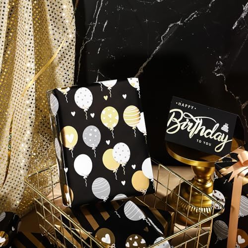 WRAPAHOLIC Reversible Birthday Wrapping Paper Roll - Mini Roll - 17 Inch X 33 Feet - Metallic Black Gold Balloon Design for Birthday, Holiday, Party, Baby Shower
