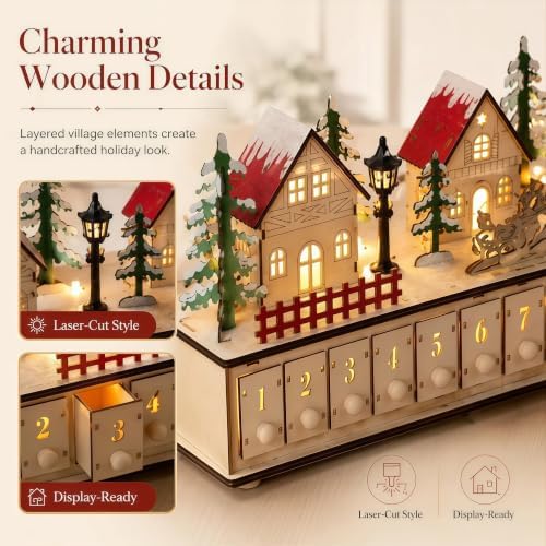 32 inch Light-Up Wooden Christmas Village Advent Calendar with 24 Drawers