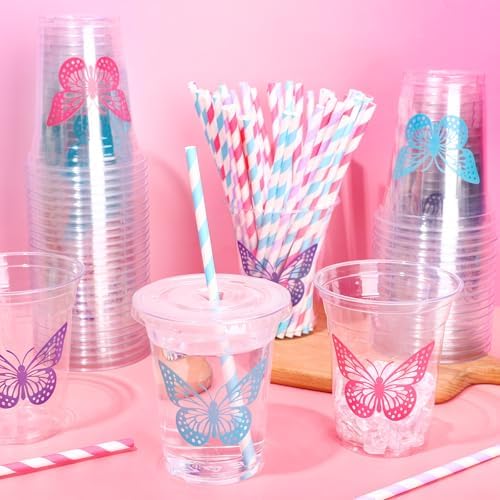 Whaline 60Pcs Butterfly Disposable Plastic Cups with Lids and Straws Pink Purple Blue Butterfly Cold Beverage Drinking Cups for Wedding Birthday Baby Shower