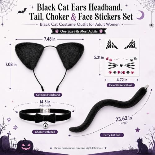 Black Cat Ears Headband, Tail, Choker & Face Stickers Set - Black Cat Costume Outfit Woman Adult Women, Halloween Cosplay Costume Dress Up Party Accessories