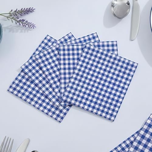 NatNarr 80 Pk Gingham Napkins Navy Blue Napkins Disposable, 6.5"