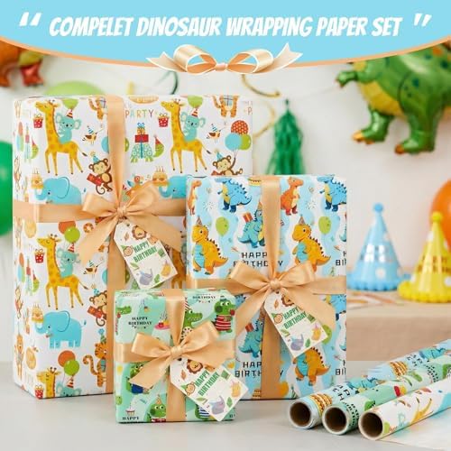 Bafeil Dinosaur Wrapping Paper Birthday Boy, 3 Rolls Cute Dino