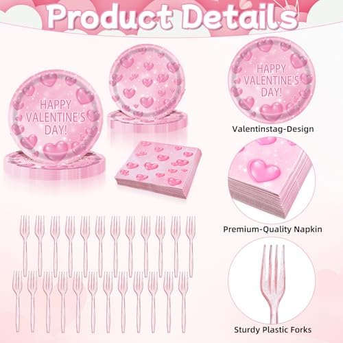 96 Pieces Valentine’s Day Tableware Set – Pink Heart Disposable Plates and Napkins for Romantic Dinners, Weddings, Anniversaries, and Valentine Parties – Serves 24 Guests