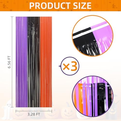 3 Pack Halloween Foil Fringe Curtains - 3.2ft x 6.6ft Black Purple Orange Foil Fringe Curtains Photo Booth Backdrop for Halloween & Birthday Party (Style B)