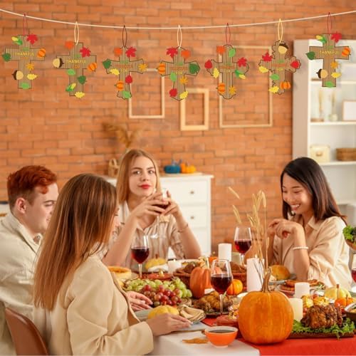 MoDooris 24 Set Fall Cross Craft Kits DIY Thanksgiving Christian Decors Make Your Own Religious Cross Hanging Ornament with Leaf Cutouts for Kids Classroom School Sunday Church Thankful Activity