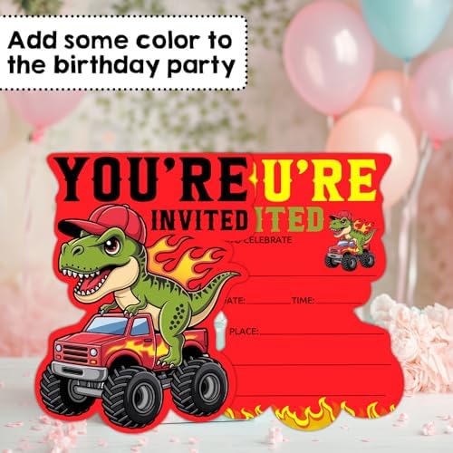 Red Truck Birthday Party Invitations, Dinosaurs Monster Truck Shaped Invitations for Kids Boys, Monster Truck Theme Birthday Party Decorations Supplies Favors, 20 Set Invites Cards with Envelopes