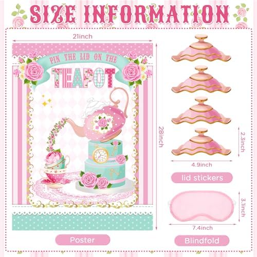 Faccito Tea Party Games Pin The Lid on The Teapot with 24 Lid Stickers Pink Blindfold Floral Poster Pin Games Set Birthday Decorations for Women Let's Par Tea Birthday Party Activity Supplies