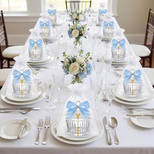 Chuangdi 12 Sets 48 Pcs Baptism Favors for Guests Crystal Candy Bowl Gifts with 12 Pcs Cross Rosary for Baptism Decorations Wedding Baby Shower Supplies First Communion Party(Blue)